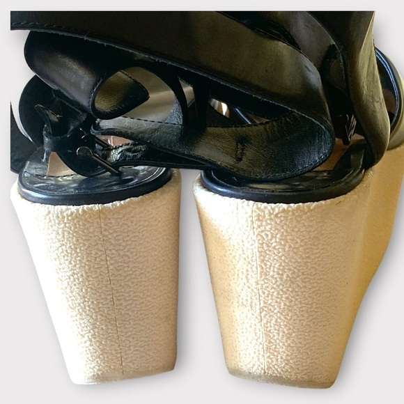DEREK LAM FABIAN Ankle Wrap BLACK LEATHER PLATFORM WEDGE SANDALS SIZE 7 B…Goth - Picture 9 of 15
